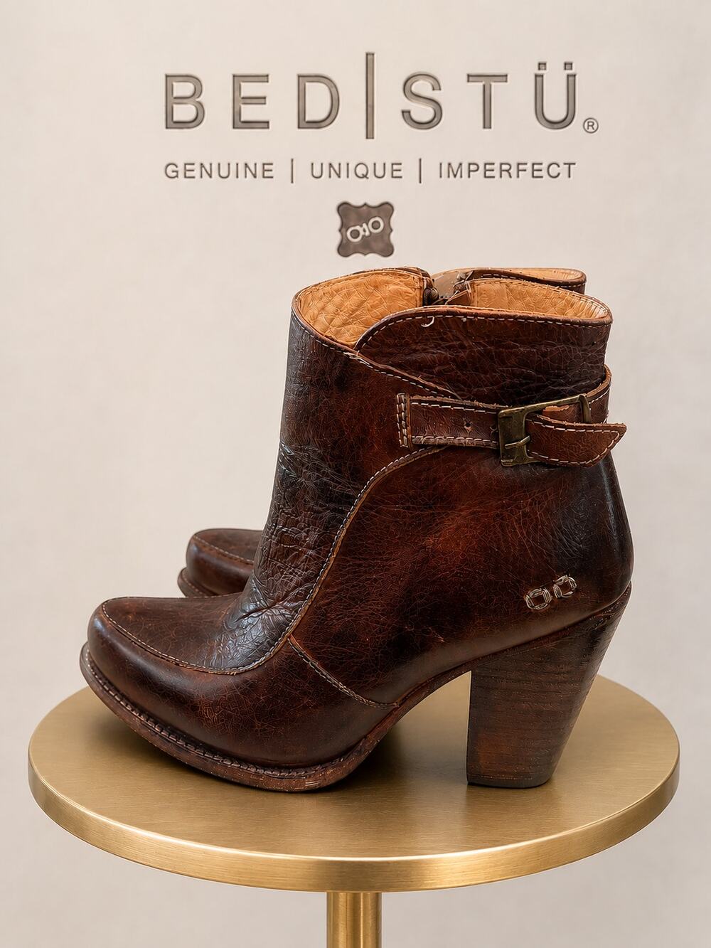 Bed|Stu Brown Leather Ankle Boots Buckle Block Heel Women’s 6.5